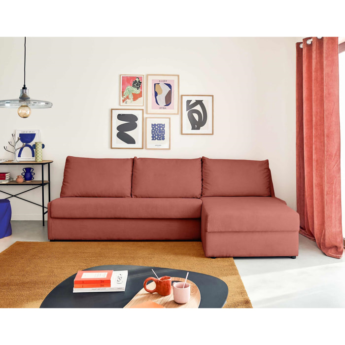 Palmira - canapé d'angle droit - 4 places - convertible couchage quotidien - matelas 14 cm - en velours côtelé - Rose