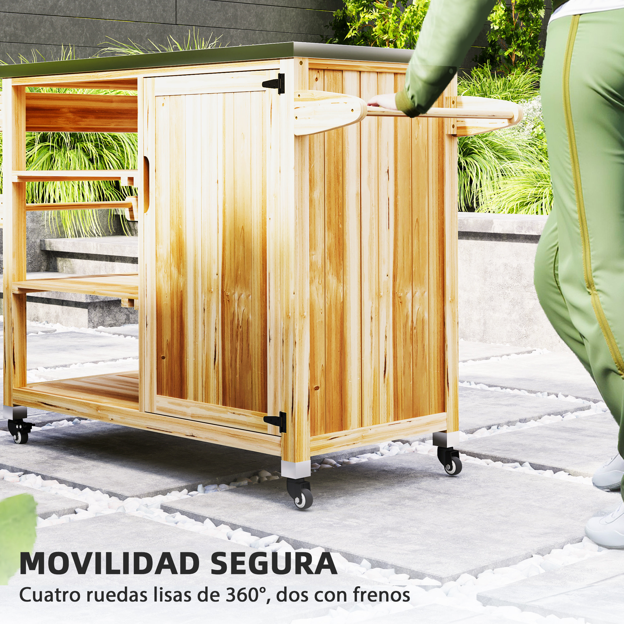 Carrito de Parrilla Carrito de Barbacoa de Madera Carro de Servicio con 4 Ruedas Estantes Armario Encimera de Acero Inoxidable Toallero y Especiero para Jardín Patio 134,5x50x91,5 cm Natural