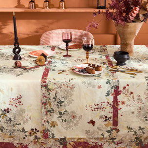 Chemin de table lin & coton lavé 150 g/m² imprimé beige bordeaux Vintage flowers cranberry