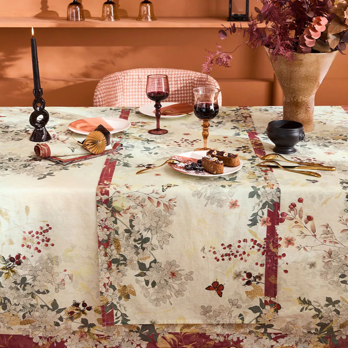 Chemin de table lin & coton lavé 150 g/m² imprimé beige bordeaux Vintage flowers cranberry