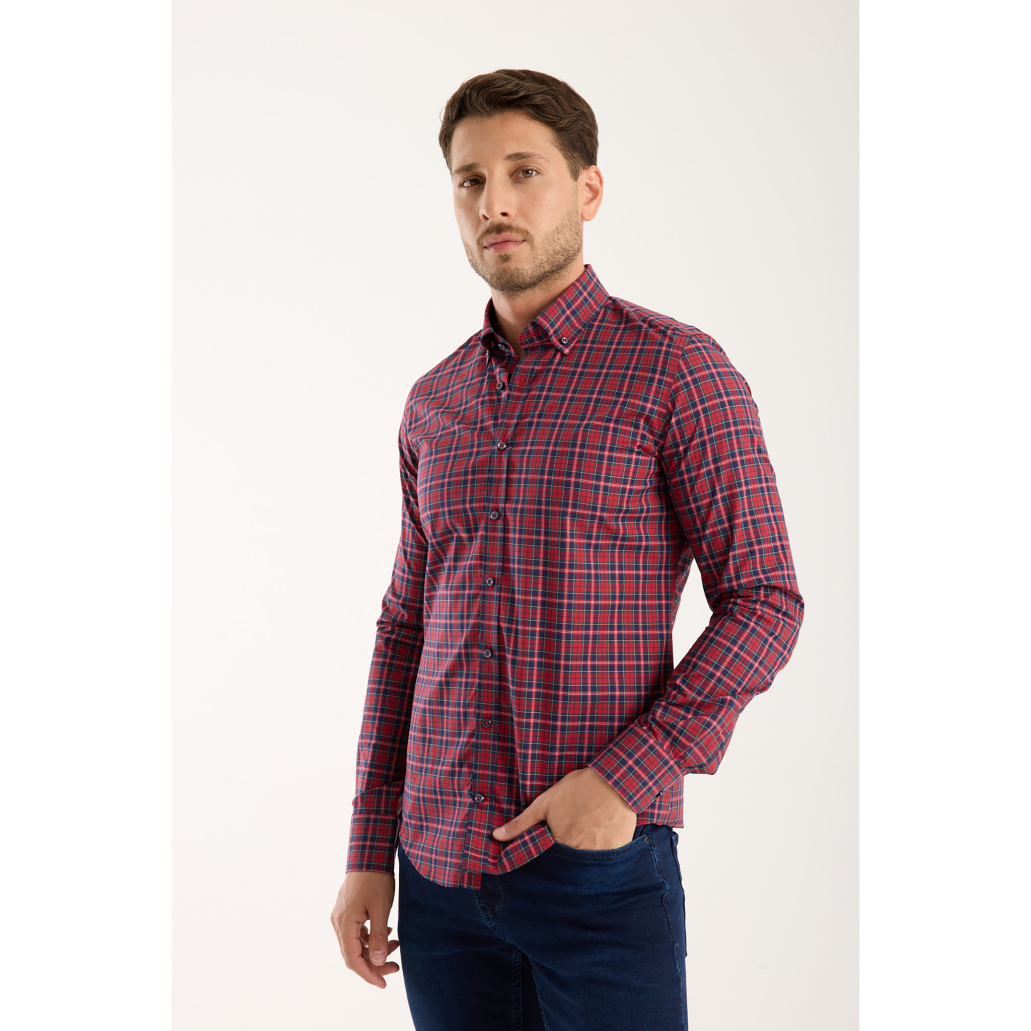 camicia uomo 1 bottone button down slim Popeline Quadro Piccolo Rosso/Blu