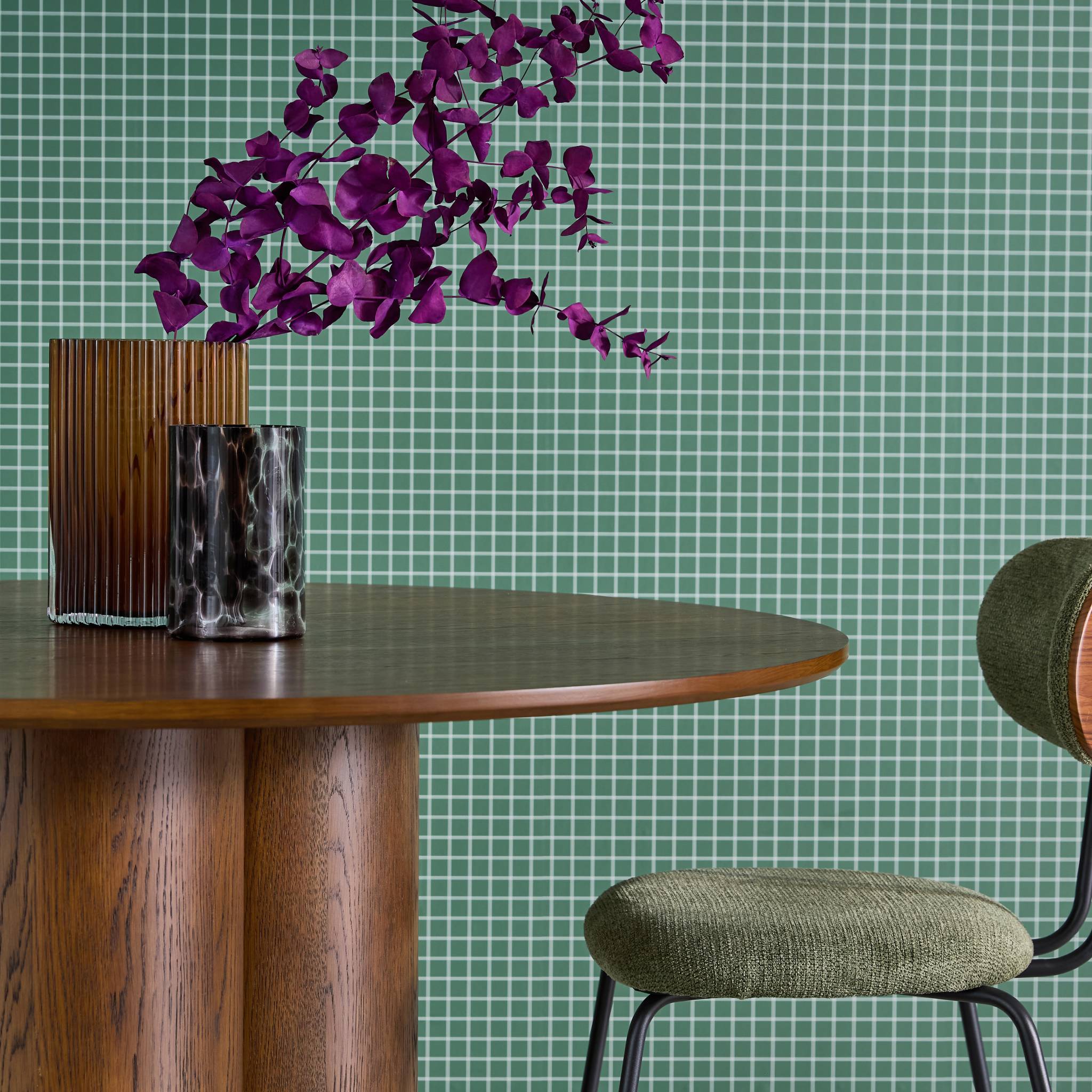 Table à manger ronde bois d'hévéa et placage chêne noyer 4 places 130cm - Leonore