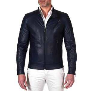 Giacca moto in pelle blu biker trapuntato spalle effetto liscio