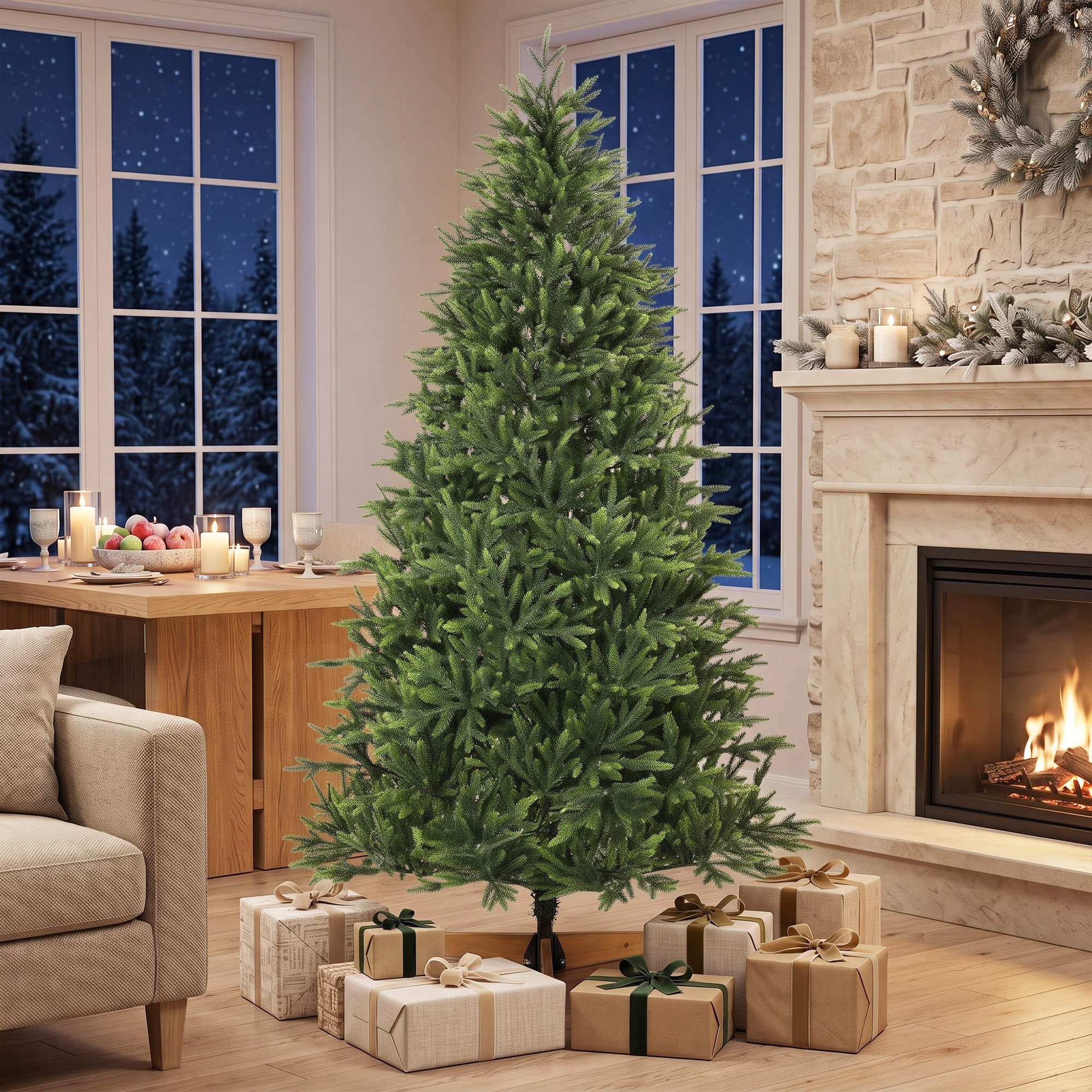 Sapin de Noël artificiel touffu grande taille H.210cm épicéa piètement bois