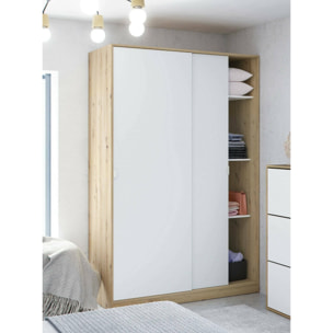 Guardaroba Waterbury, Armadio per camera da letto a 2 ante scorrevoli, Mobile con 3 ripiani e barra appendiabiti, 120x50h200 cm, Bianco e Rovere Nodi