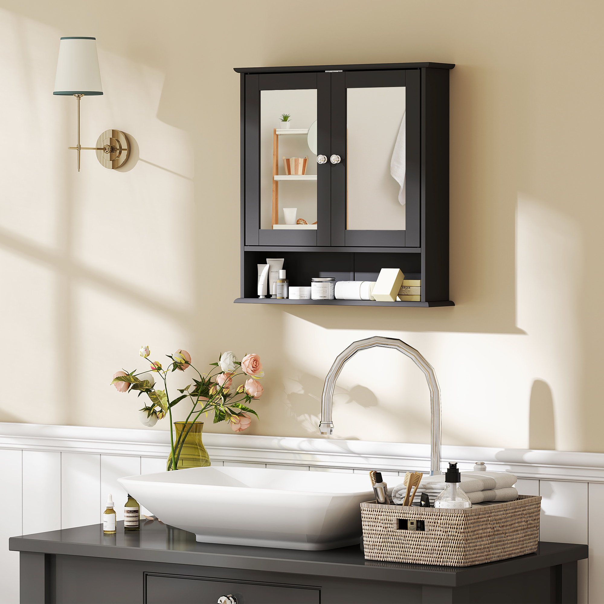 Armario de Baño con Espejo, Armario de Pared con 2 Puertas, Estante Abierto, Estante Ajustable, Mueble de Baño Colgar para Cocina, Salón, 56x13x58 cm, Negro