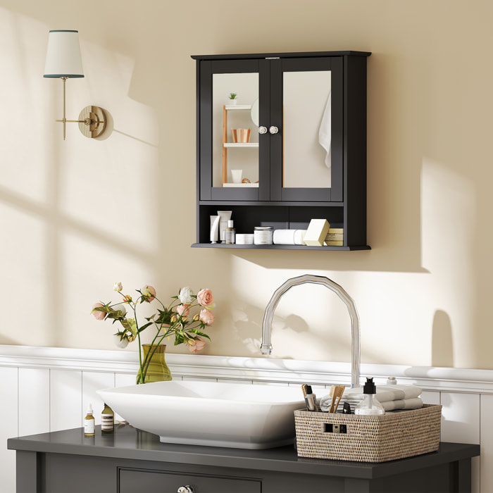 Armario de Baño con Espejo, Armario de Pared con 2 Puertas, Estante Abierto, Estante Ajustable, Mueble de Baño Colgar para Cocina, Salón, 56x13x58 cm, Negro