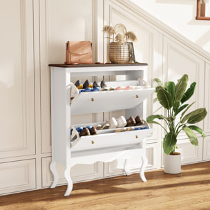 Mueble Zapatero Estilo Francés Zapatero de Entrada Recibidor con 2 Cajones Abatibles Estantes Ajustables para 16 Pares de Zapatos Zapatero Estrecho para Pasillo 84x29x109 cm Blanco