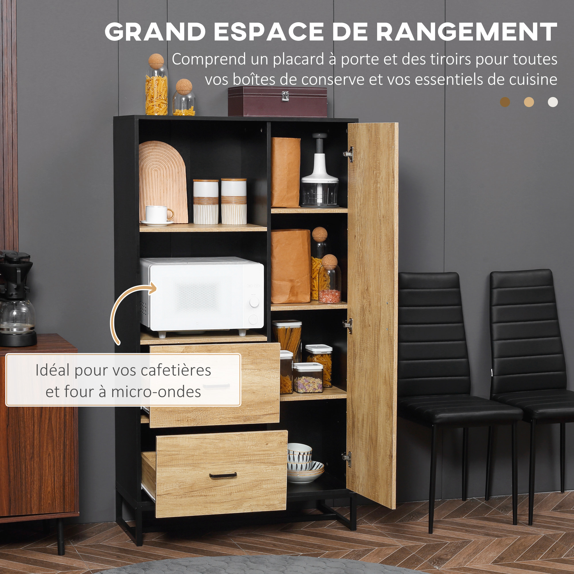 Buffet haut multi-rangement une porte 3 étagères 2 tiroirs 2 niches piètement acier noir aspect chêne clair