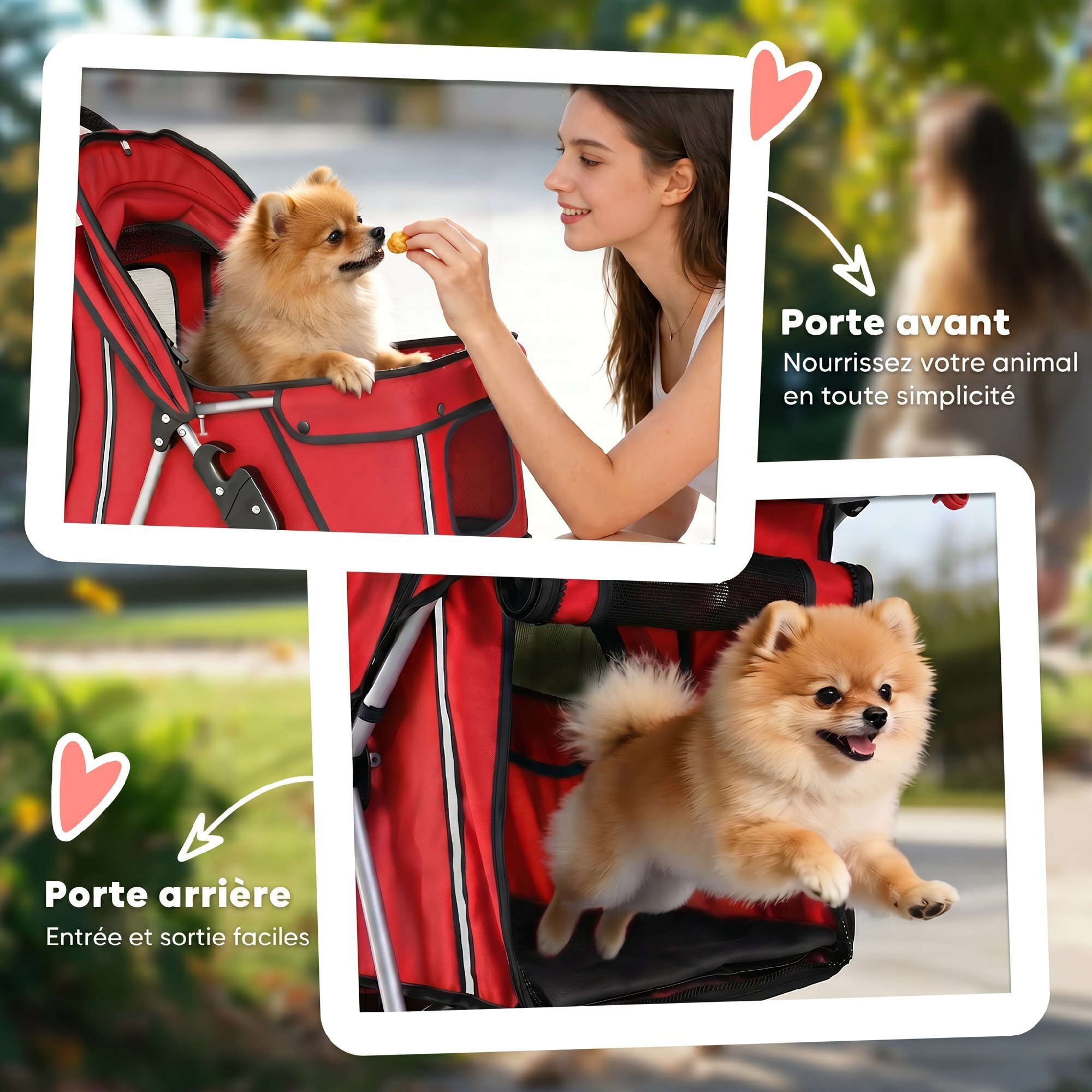 Poussette buggy pour chien chat animaux roue avant pivotante 360 degrés rouge