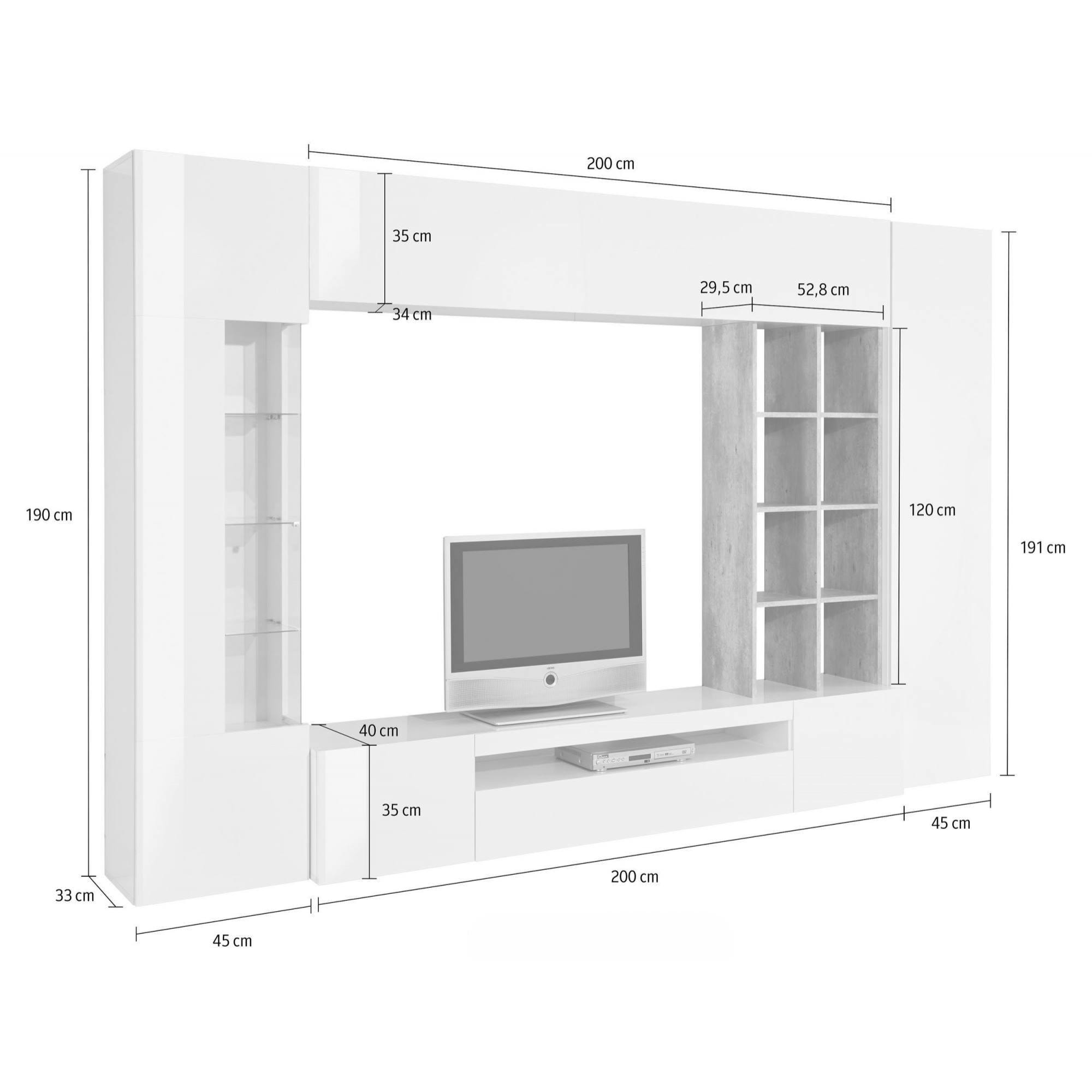 Parete attrezzata da soggiorno, Made in Italy, con luce LED blu, Base porta TV e pensili e scaffali, Set salotto moderno, cm 290x40h192, colore Ardesia e Acero