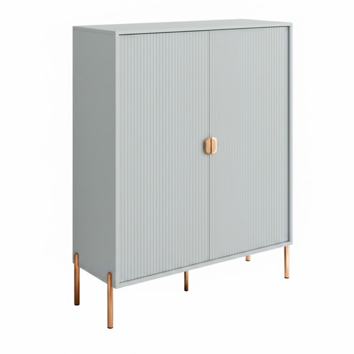 Credenza Mobile Contenitore 2 Ante Cannettate E Piedini Oro Madia Moderna con Ripiani Interni E Chiusura Soft Close 103.6 x 124 x 39.6 Cm Grigio
