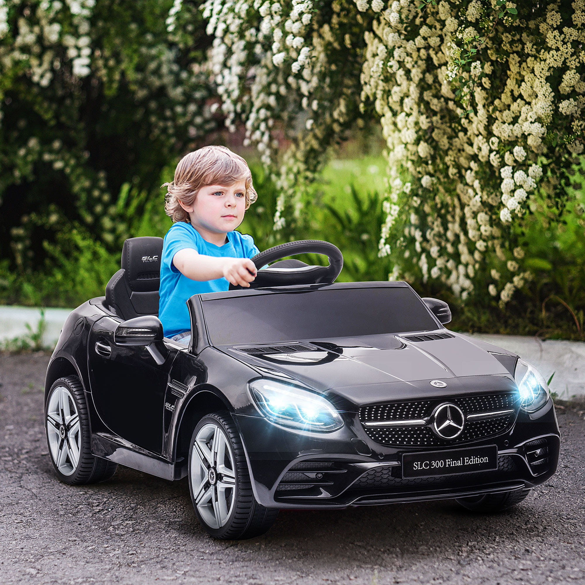 Coche Eléctrico para Niños de +3 Años, Mercedes SLC 300, Coche Eléctrico 12V, con Mando a Distancia 2,4 G, Ruedas Traseras con Suspensión, Faros LED, Música, USB, Motor Doble, Negro