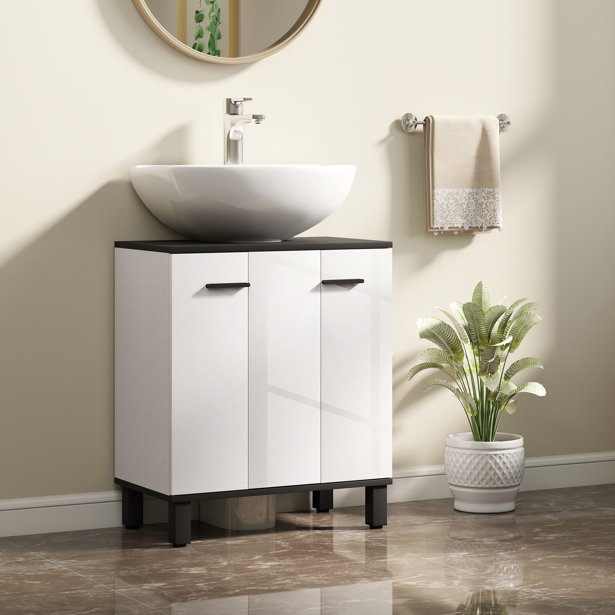 Mueble Bajo Lavabo, Mueble de Baño Compacto con Estante Ajustable, 2 Puertas, Estilo Moderno, para Lavabo con o sin Pedestal, 60x34x70 cm, Blanco Brillo