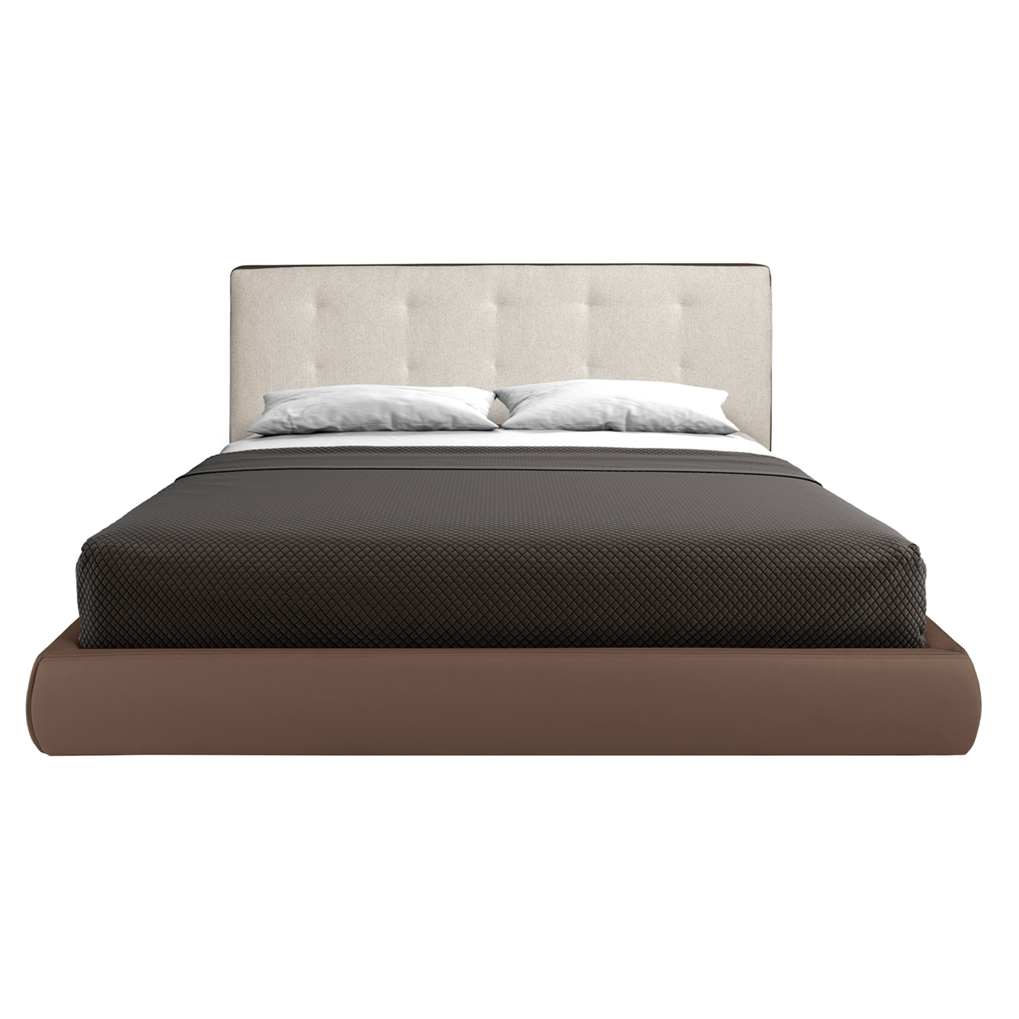 Cama Angel Cerdá capitoné de matrimonio con cabecero en tela en blanco roto y estructura de polipiel en marrón y patas de acero inoxidable en negro 199x224x98cm