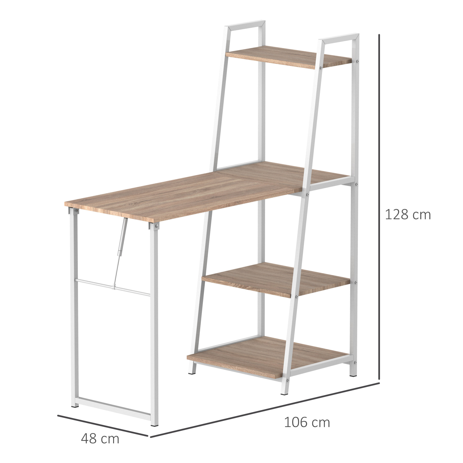 Bureau pliable rabattable - bureau bibliothèque 2 en 1 - 4 étagères - imitation bois chêne clair métal blanc