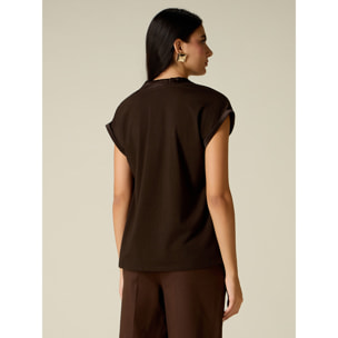 Oltre - T-shirt bimaterica scollo a V - Marrone