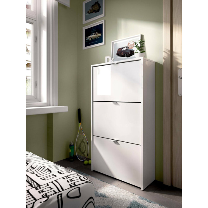 Scarpiera Algoor, Portascarpe salvaspazio da ingresso, Mobiletto porta scarpe a 3 ante a ribalta, 61x25h113 cm, Bianco lucido