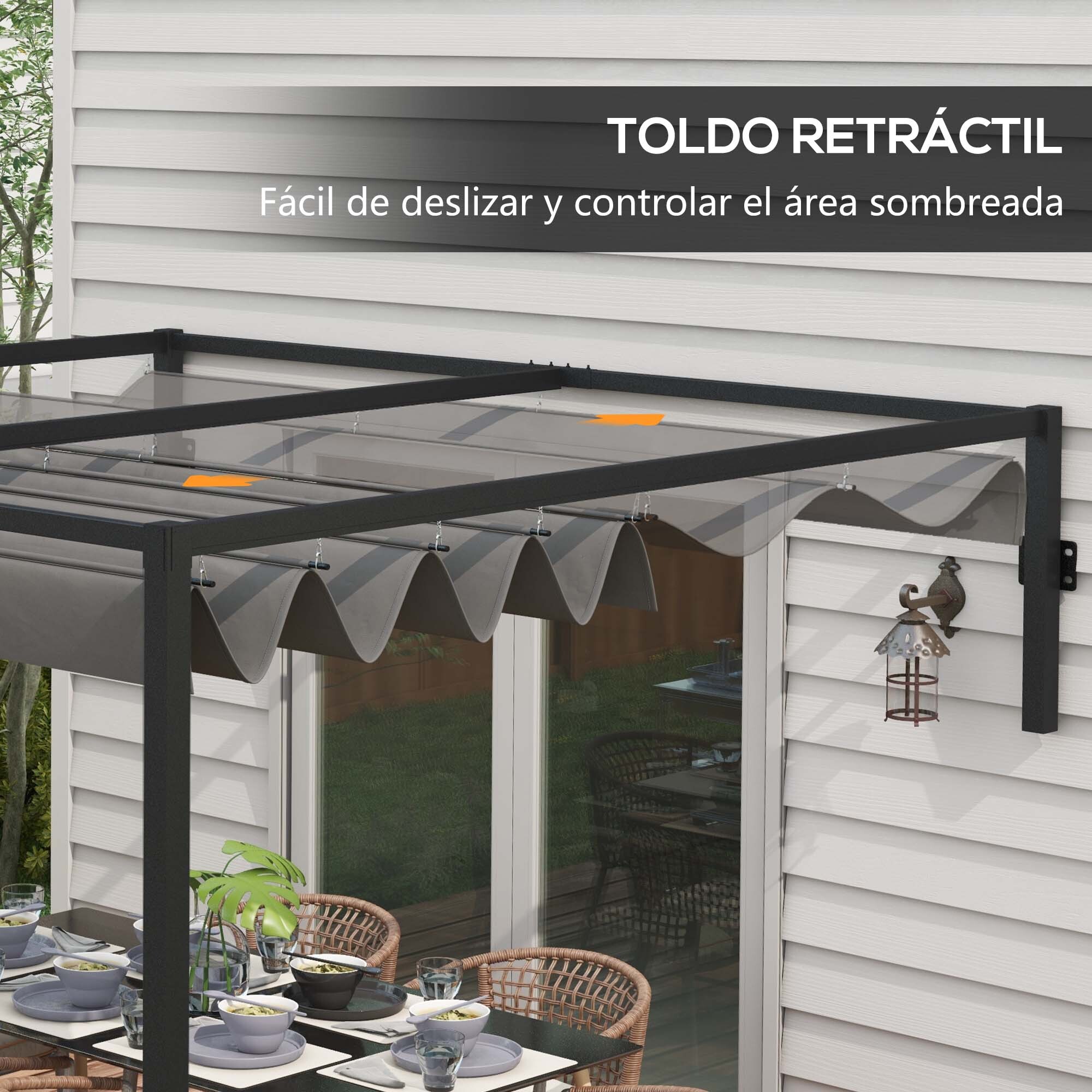 Pérgola de Pared 297x211x220 cm Cenador de Jardín con Techo Retráctil y Marco de Acero Refugio para Patio Terraza Exterior Gris Oscuro