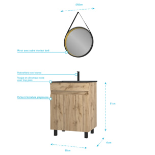 Pack Meuble SDB 60cm sur pieds 2 portes Chene_Vasque noire + Miroir Barber - TIMBER 60_Pack20