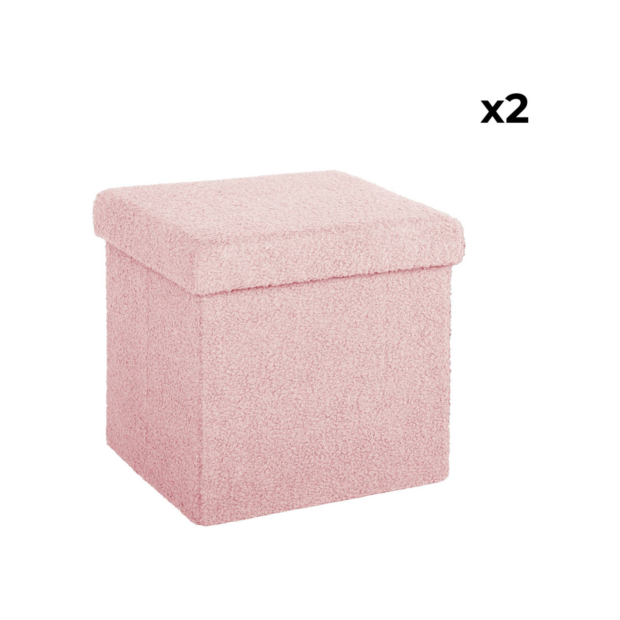 Lot de 2 tabourets de rangement roses en bouclettes avec coffre pour enfant pliable