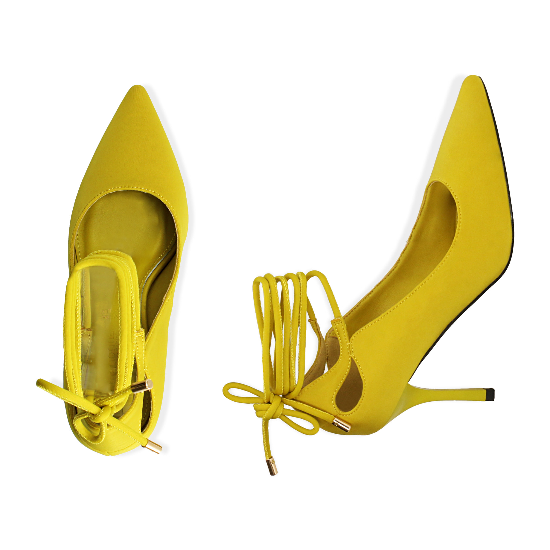 Zapato de tacón de lycra amarillo, talla 8,5 cm.