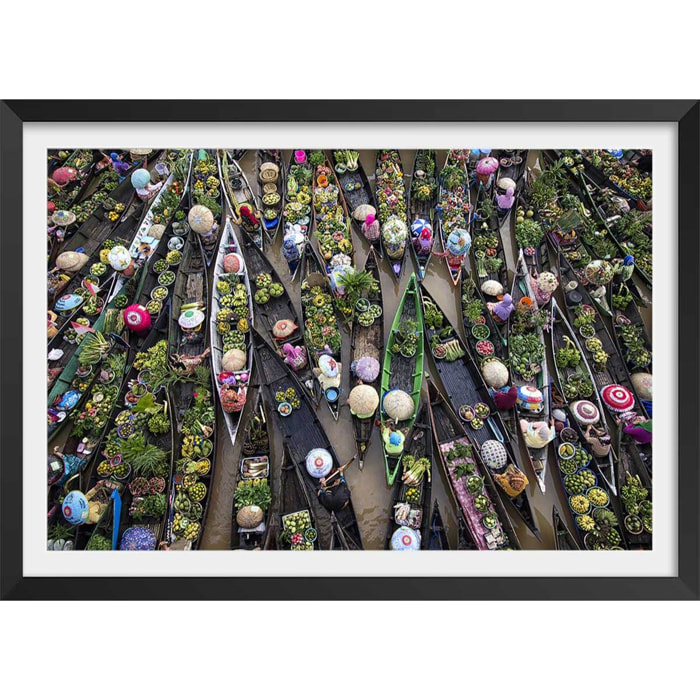 Affiche paysage marché flottant Affiche + cadre en bois - Noir