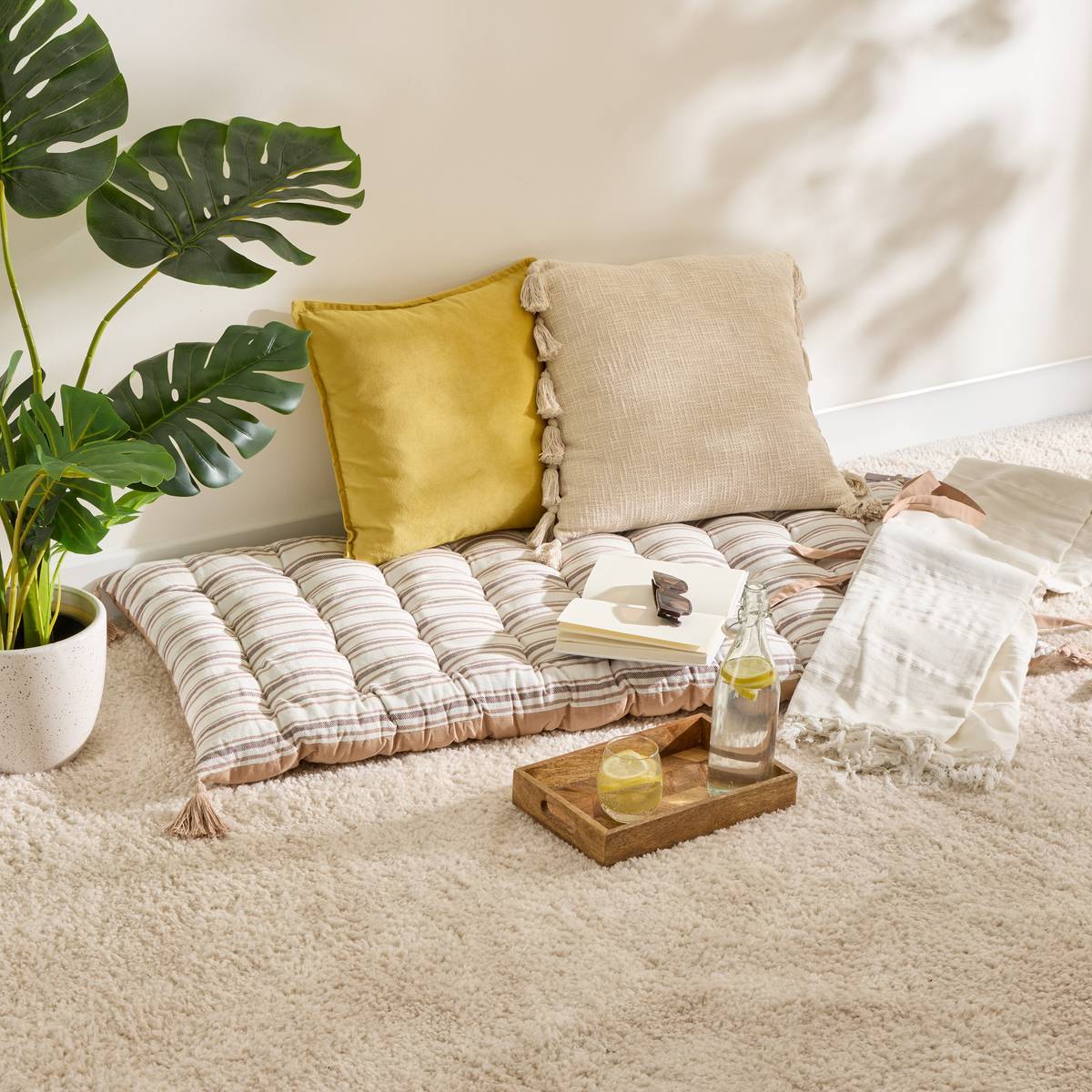 Coussin de sol Groove 120x60cm rayé beige lin