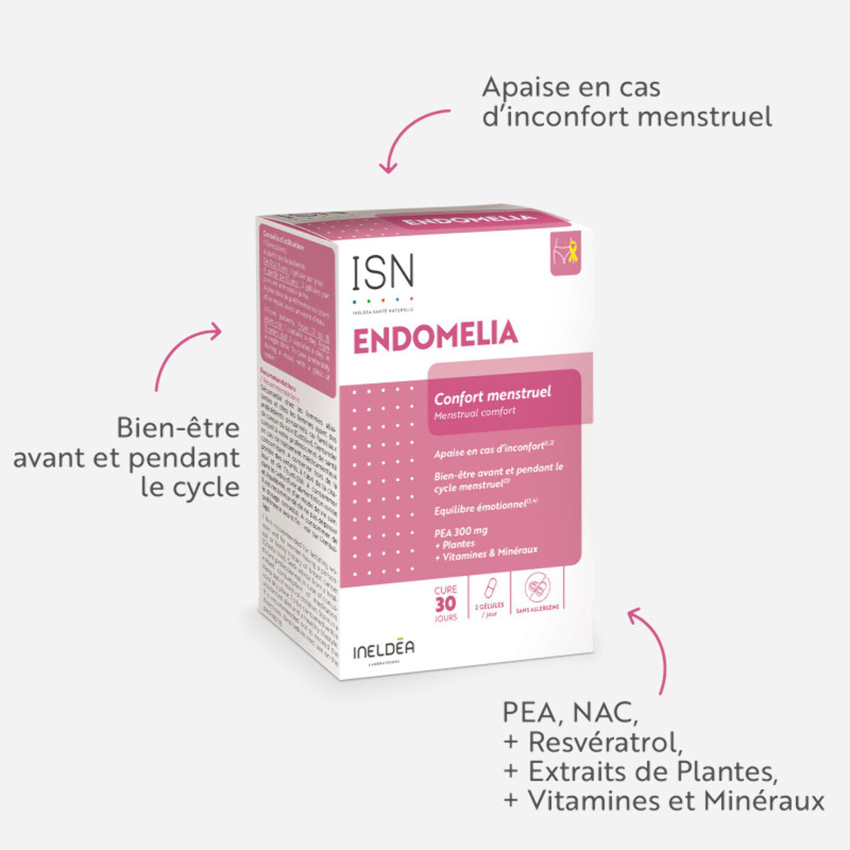 ISN - Endomelia - Complément alimentaire à base de PEA, NAC, Resvératrol, Plantes, Vitamines & Minéraux - Favorise le confort menstruel - Equilibre émotionnel - Cure 30 jours