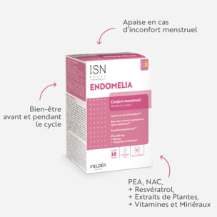 ISN - Endomelia - Complément alimentaire à base de PEA, NAC, Resvératrol, Plantes, Vitamines & Minéraux - Favorise le confort menstruel - Equilibre émotionnel - Cure 30 jours