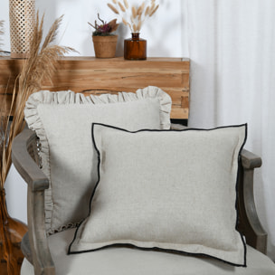 Coussin  poly-lin volant plat feston noir - Naturel