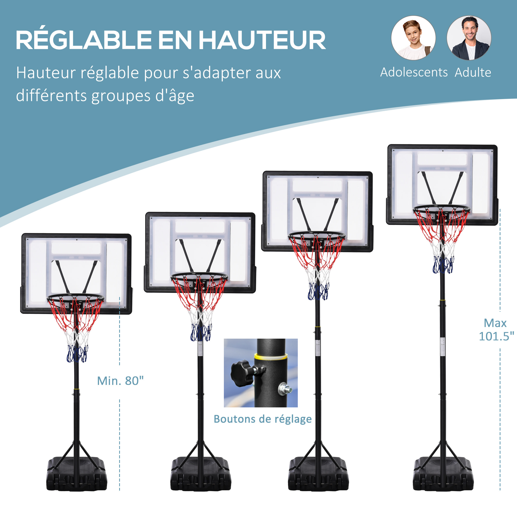 Panier de basketball sur pied - H. réglable 203-258 cm - roulettes, base de lestage - noir