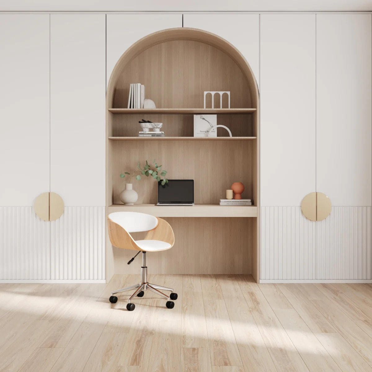 Chaise de bureau pivotante sur roulettes en bois et PU blanc - Adelmar