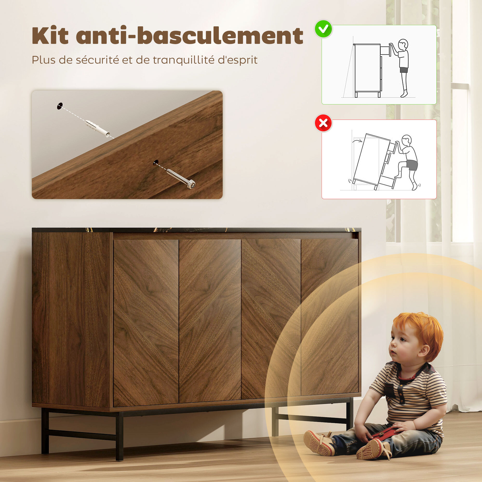 Meuble TV 120 cm, pour téléviseur jusqu'à 55 pouces avec 4 portes, plateau effet marbre, étagères réglables et pieds en acier