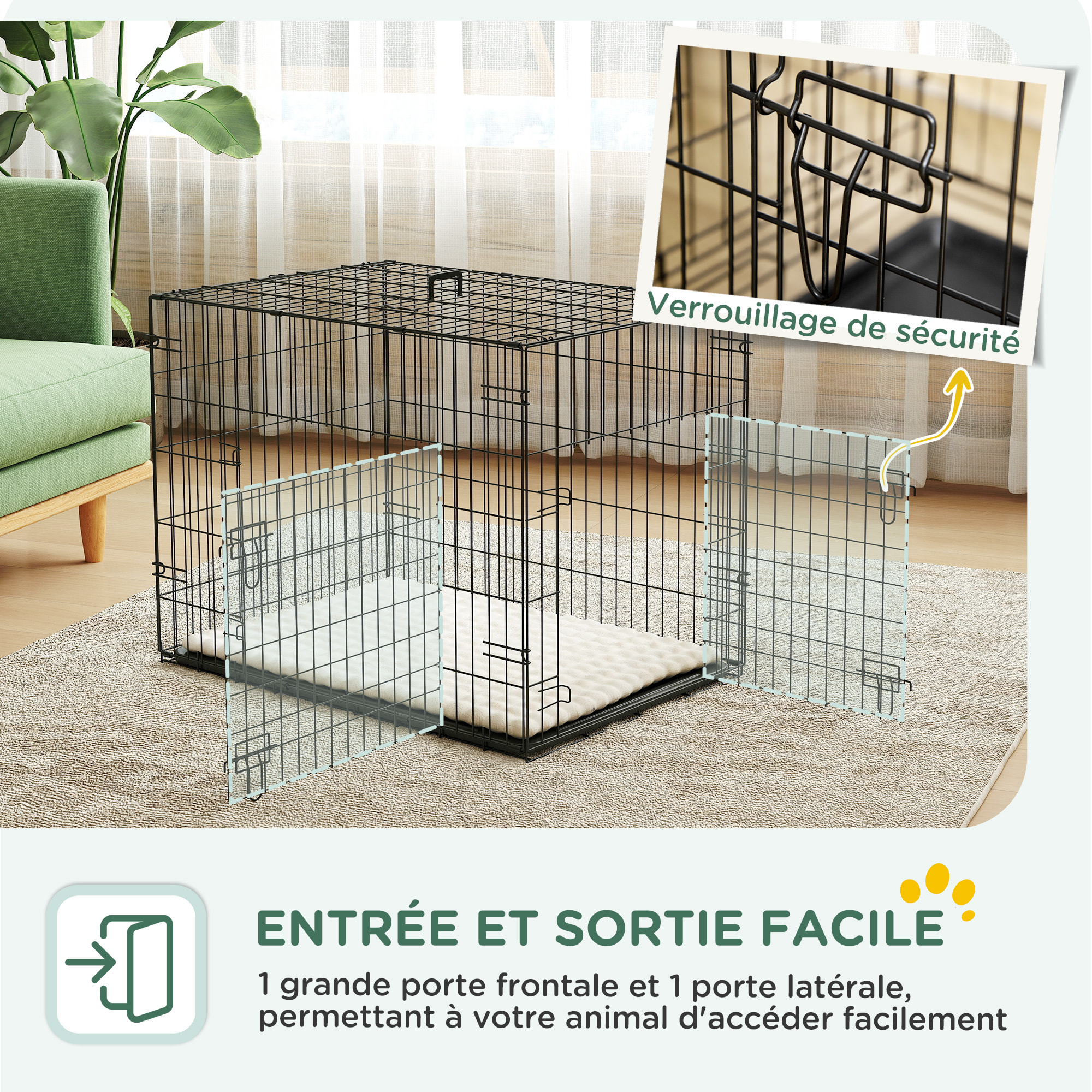 Cage chien pliable - 2 portes verrouillables, plateau amovible, coussin - 76 x 53 x 60 cm - beige noir