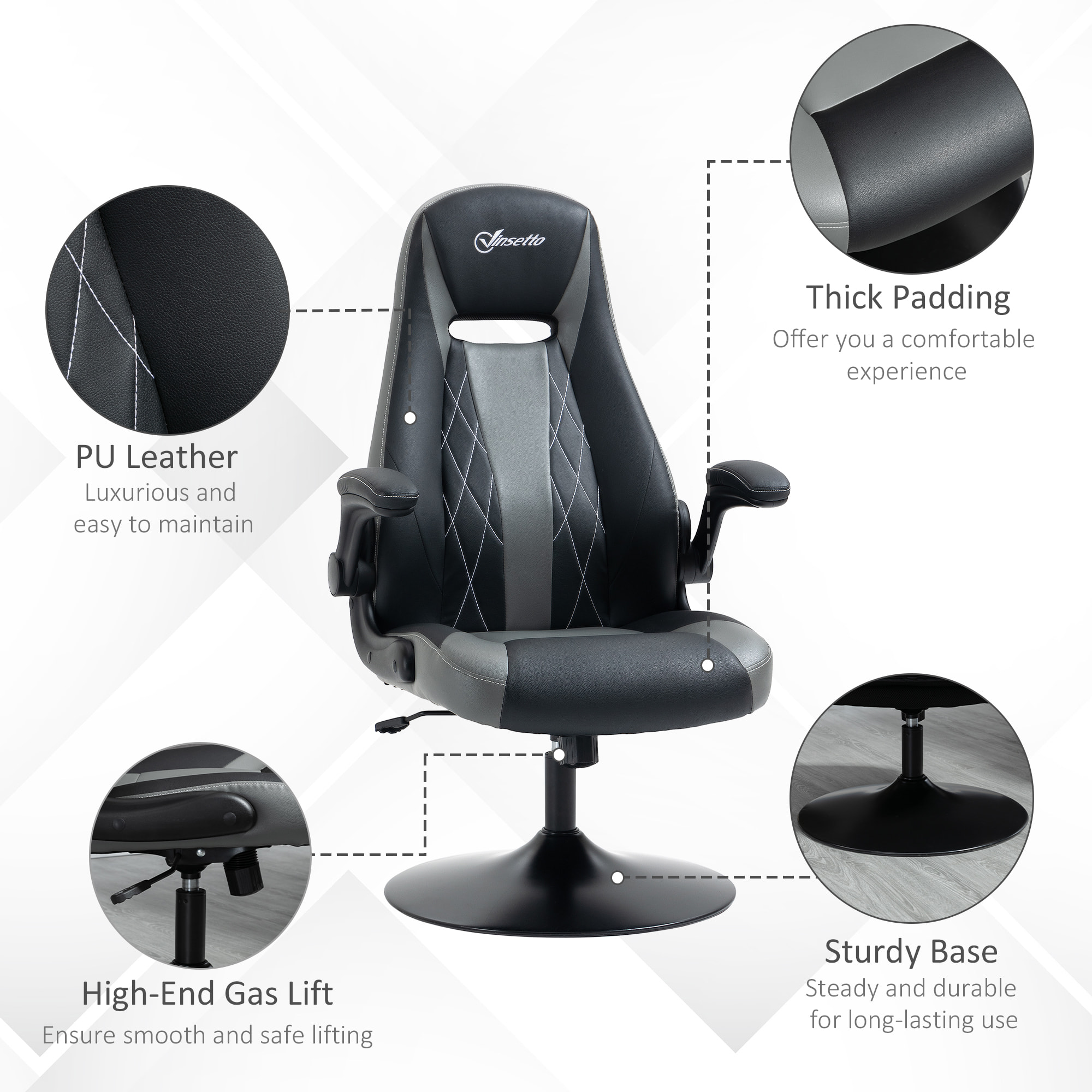 Fauteuil gaming base ronde métal pivotante 360° hauteur réglable fonction dossier bascule accoudoirs relevables PU gris noir