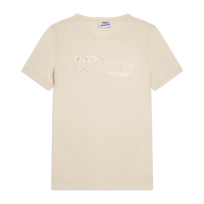 T-shirt Manica Corta con Decori Floreali e Borchie
