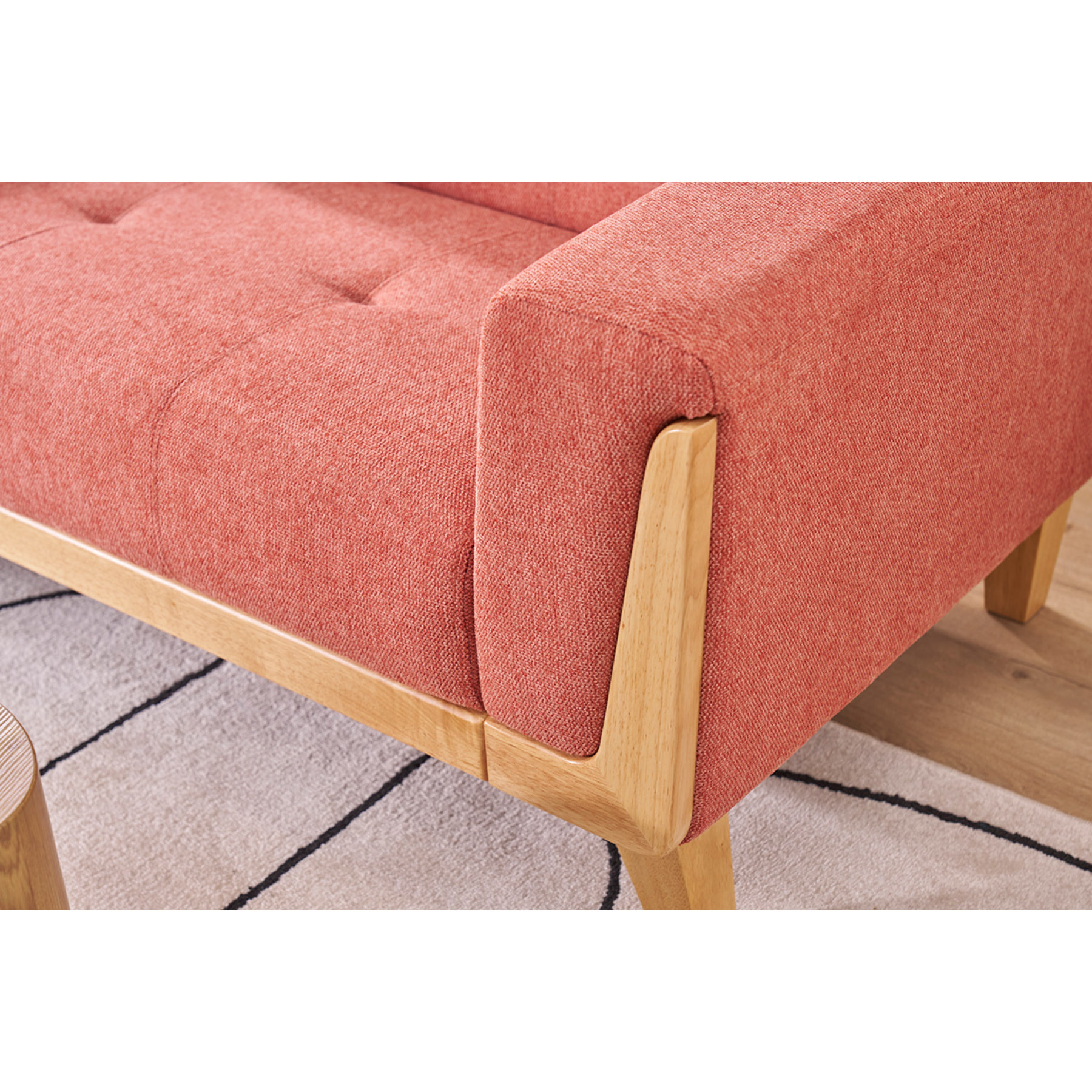 Canapé scandinave 2 places en tissu terracotta et bois clair FJORD