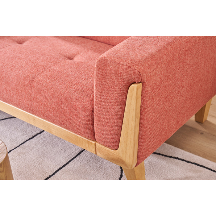 Canapé scandinave 2 places en tissu terracotta et bois clair FJORD
