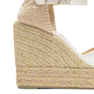 Alpargata Chiarita cuña de yute en raso con pulsera, doble plataforma y escote en V