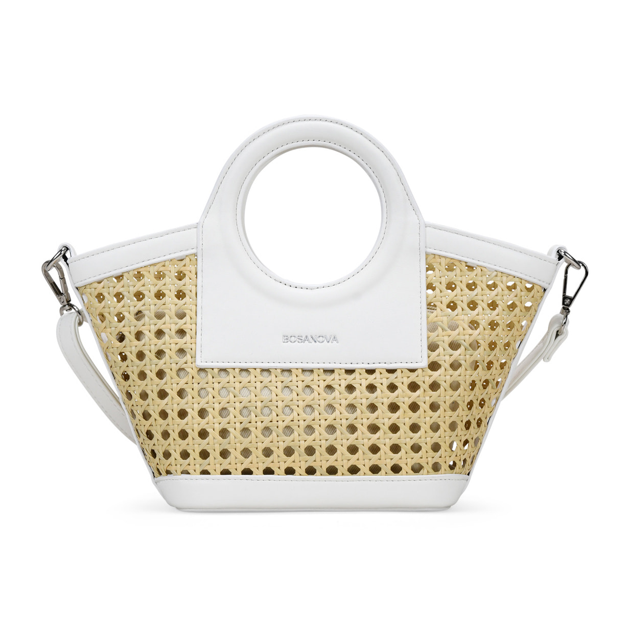 Bolso de mano beige pequeño con rejilla de mimbre