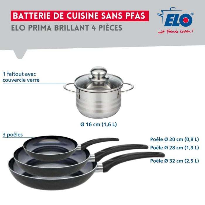Ensemble de 3 Poêles de cuisson 20, 28 et 32 cm et 1 faitout 16 cm Elo Prima Brillant