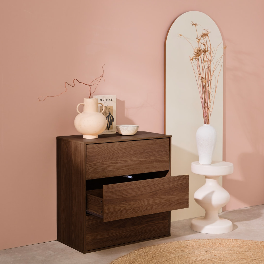 Commode. module de rangement décor bois noyer 3 tiroirs - Kompo