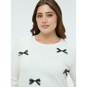 Fiorella Rubino - T-shirt in cotone con perle e fiocchetti - Bianco