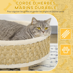 Canapé panier lit chien chat style cosy naturel - coussin inclus - dim. Ø 48 x 24,5H cm - bois pin jonc de mer