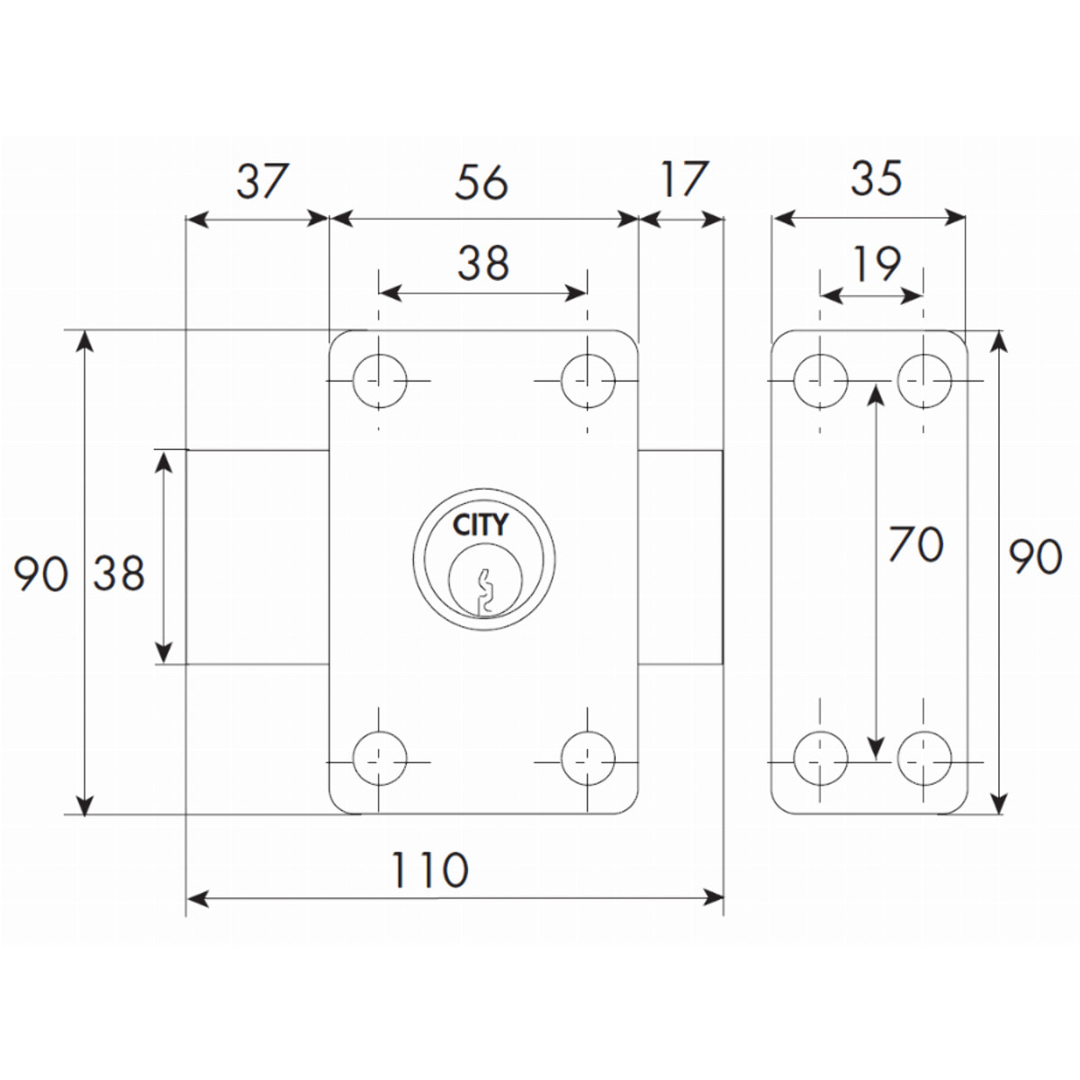 Verrou ISEO City 26 double cylindre - Cylindre 45 mm - Sur variure MV 03 - 10022452V03