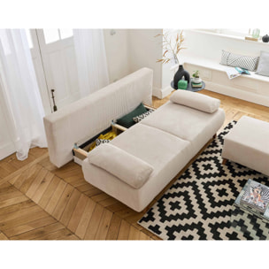 Cristal - canapé 3 places - convertible avec coffre et pouf - en velours côtelé - Beige