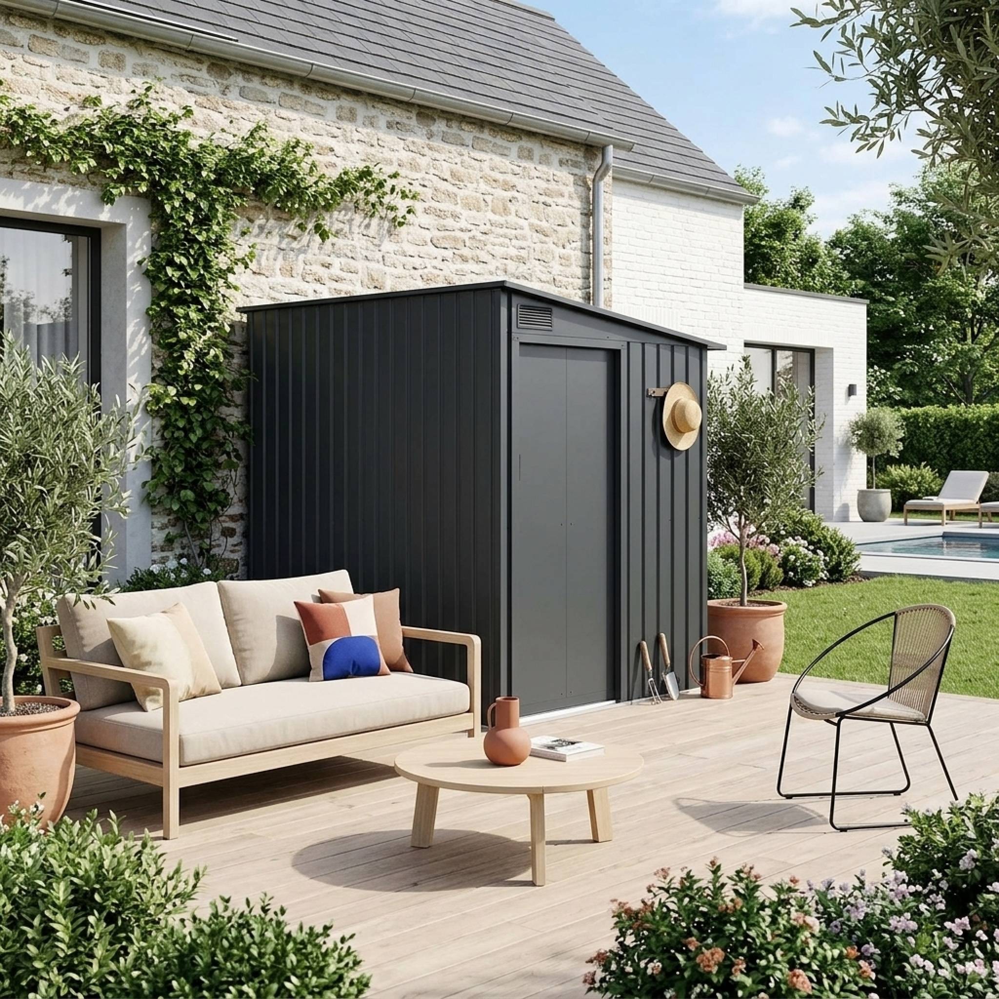 Abri de jardin adossable acier galvanisé 2,91m² avec porte coulissante et kit d'ancrage BRAY