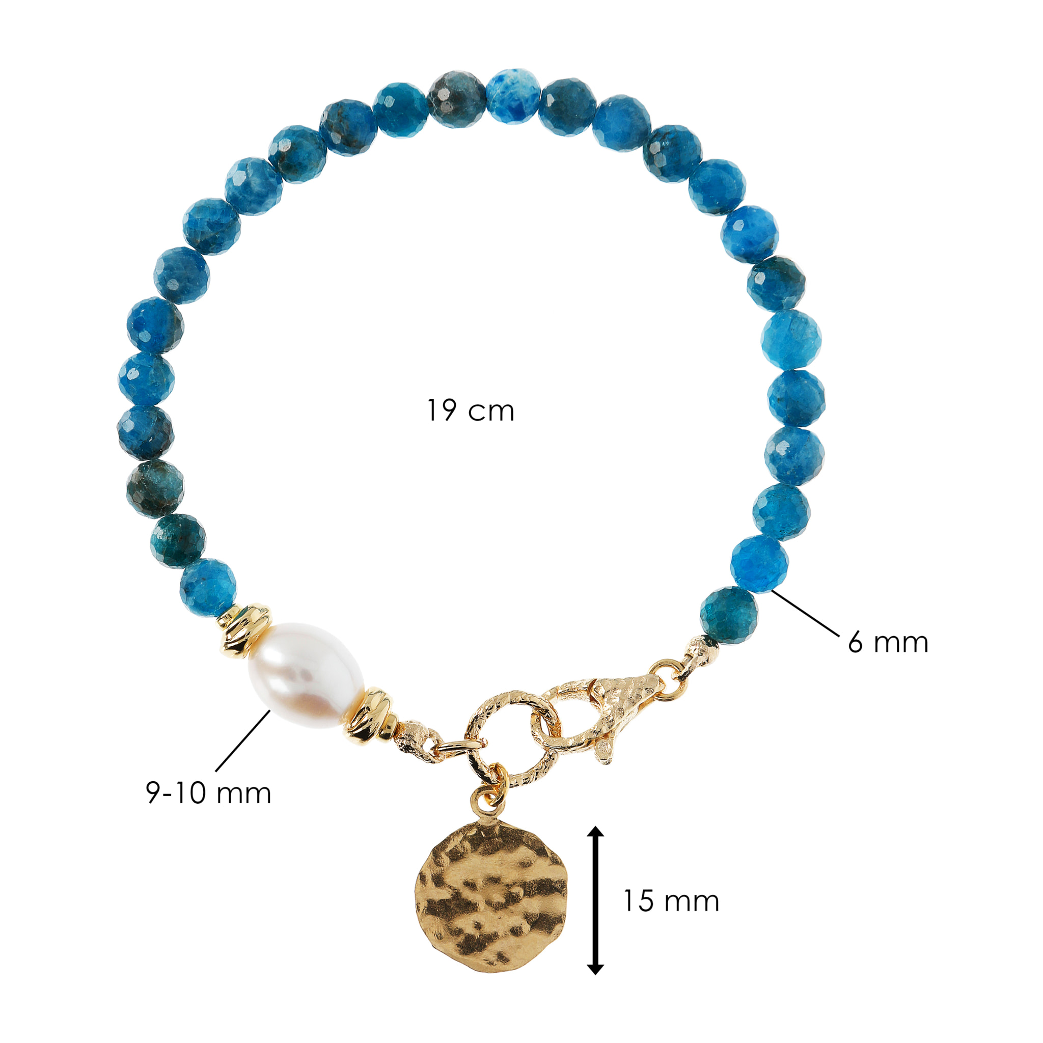 Bracciale con Perla Bianca, Apatite Blu e Pendente Martellato