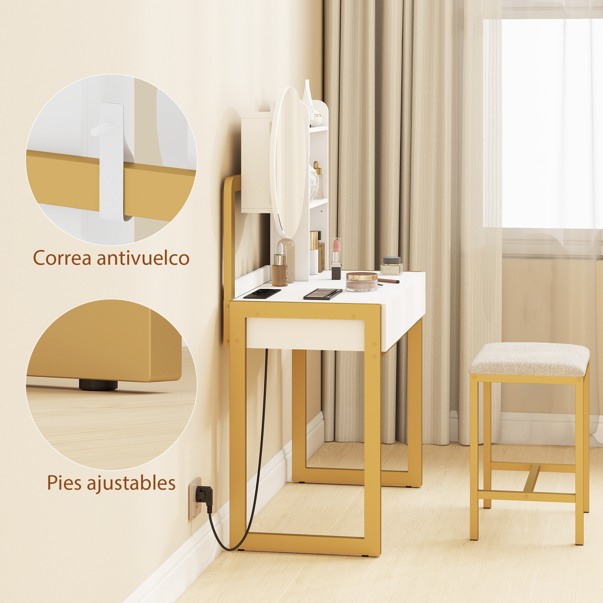 Tocador de Maquillaje con Espejo y Taburete Acolchado, Tocador con Estación de Carga, 2 Cajones, 3 Estantes Abiertos, Puerto USB, Estructura Metálica, para Dormitorio, Blanco